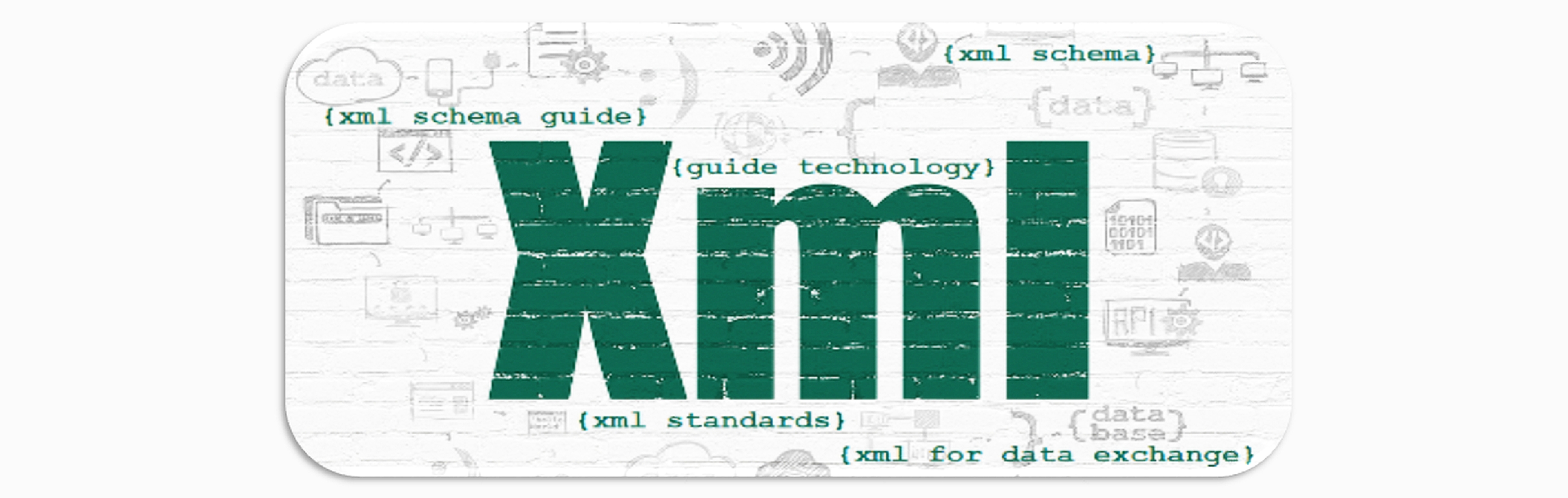 Das Bild zeigt die Abkürzung XML mit großen Buchstaben umgeben von diversen blassen Icons und Texten in geschweiften Klammern zum Thema XML.