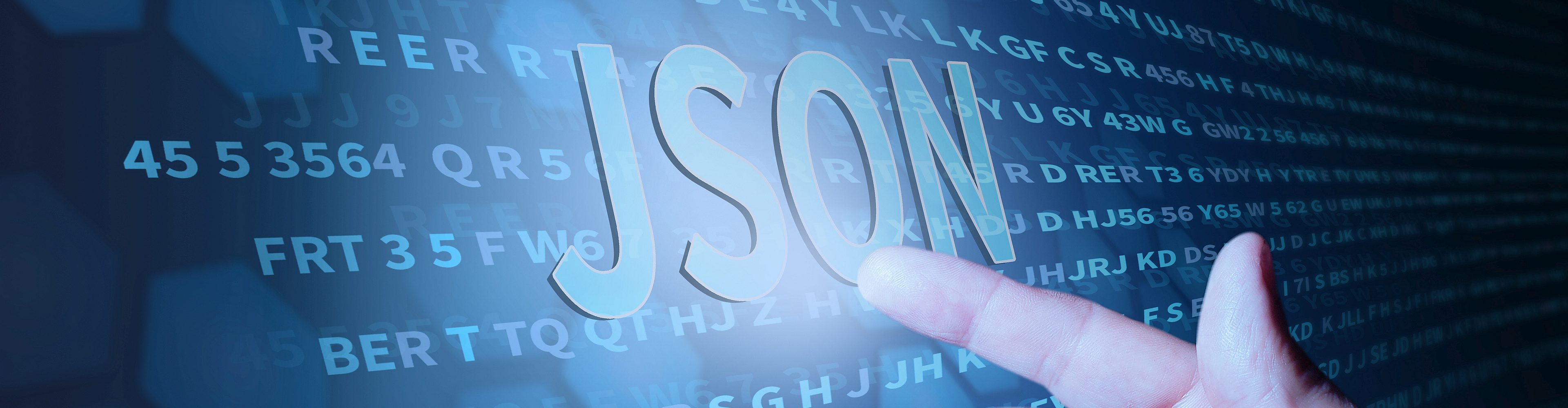 Pointing finger at the computer interface points to the term "JSON".